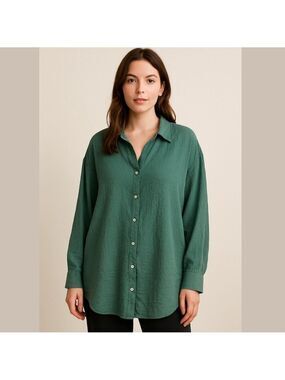 Jane & Delancey Top Shirt Womens Large Green Button Up V Neck Textured Crinkled